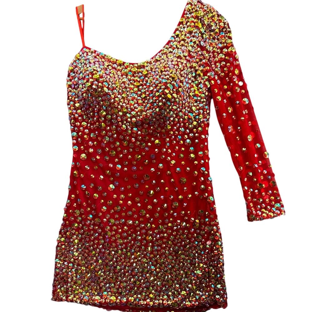Angela & Alison Red Beaded One Sleeve Prom Formal Mini Short Dress Women 16